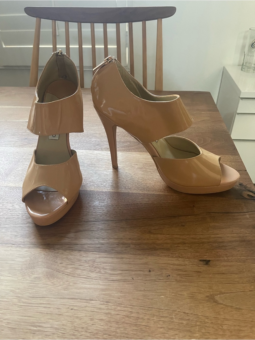 Jimmy Choo Nude Patent Peep-Toe Stiletto Sandals size 41